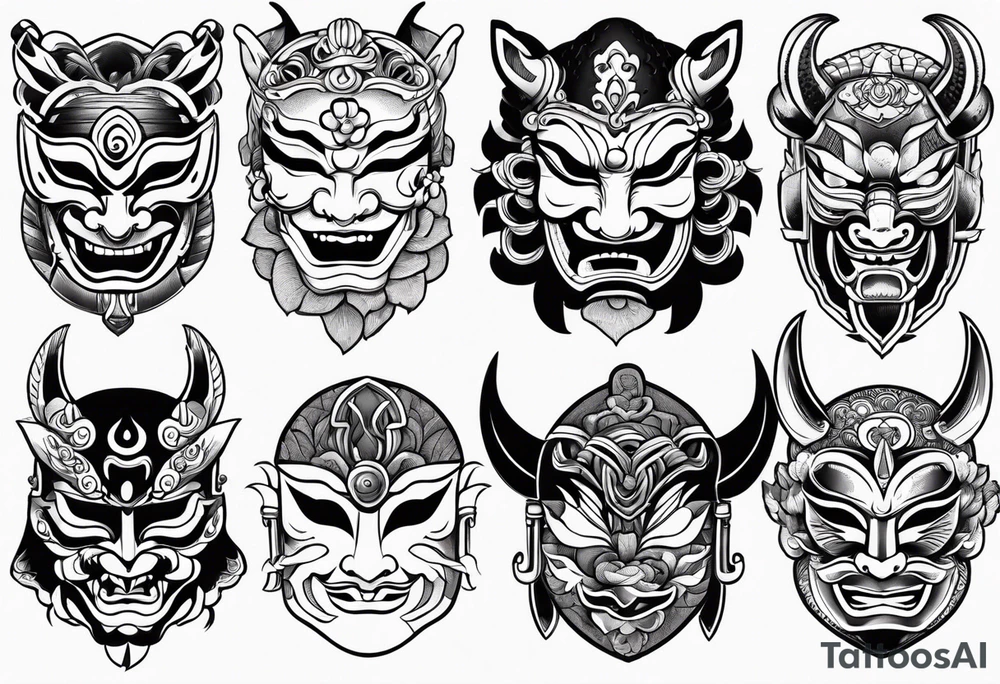 Variety of Japanese masks flash sheet tattoo idea