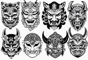 Variety of Japanese masks flash sheet tattoo idea