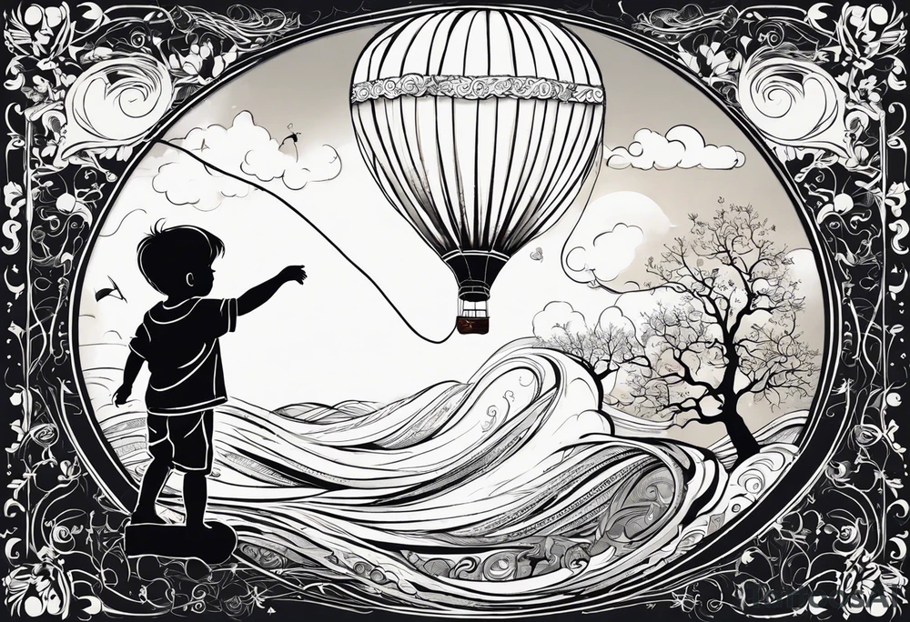 little boy holding a string to the earth shaped baloon.
boy should be drawed from behinfd anhas one hand reaching up in 45 degree angle and holding the baloon string
the string has a big wave in like a hearbeat pulse on it.
baloon is in the shape of the hearth tattoo idea