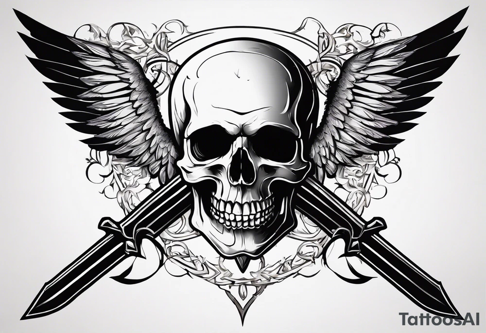 In the center is a skull pierced by a large sword. On either side of the skull, there are spread angel wings, creating an impression of protection and majesty. Beneath the skull is a ribbon that weaves through both the skull and the sword tattoo idea