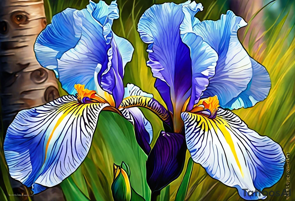 iris flower and birch tree and includes the following wording "fuck cancer"
with yellow, green and aquamarine colours tattoo idea