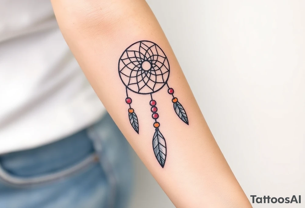native dreamcatcher with flowing feathers and sacred beads tattoo idea