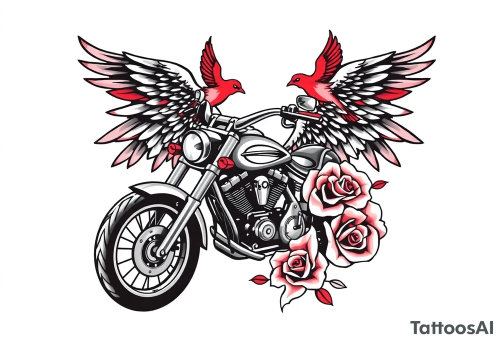 Harley grey motorcycle driving away, two red birds flying, roses, flames, angel wings tattoo idea