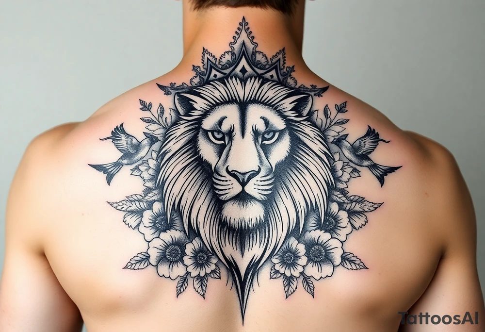 powerful majestic lion with a crown, surrounded by floral ornaments and birds tattoo idea