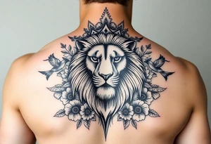 powerful majestic lion with a crown, surrounded by floral ornaments and birds tattoo idea