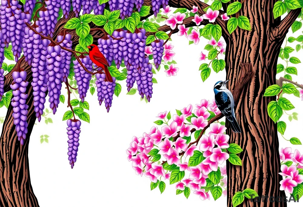The American wisteria tree gracefully drapes its cascading clusters of soft lavender flowers, twisting around sturdy branches with delicate, vine-like tendrils, while its lush green foliage creates a dreamy, whimsical canopy. Nearby, an Eastern redbud bursts with vibrant pink blossoms, its heart-shaped leaves beginning to unfurl, adding a striking contrast against the deep, twisting bark of its slender trunk. Among the branches, a brilliant red cardinal perches proudly, an indigo bunting glows in a dazzling shade of blue against the floral backdrop, and a downy woodpecker clings to the textured bark, its black-and-white feathers speckled with hints of red as it pecks gently, completing the tranquil and picturesque woodland scene. tattoo idea