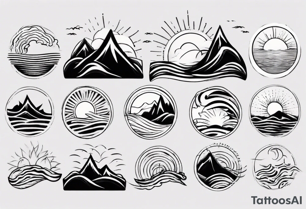 mountains, beach, waves, sun tattoo idea