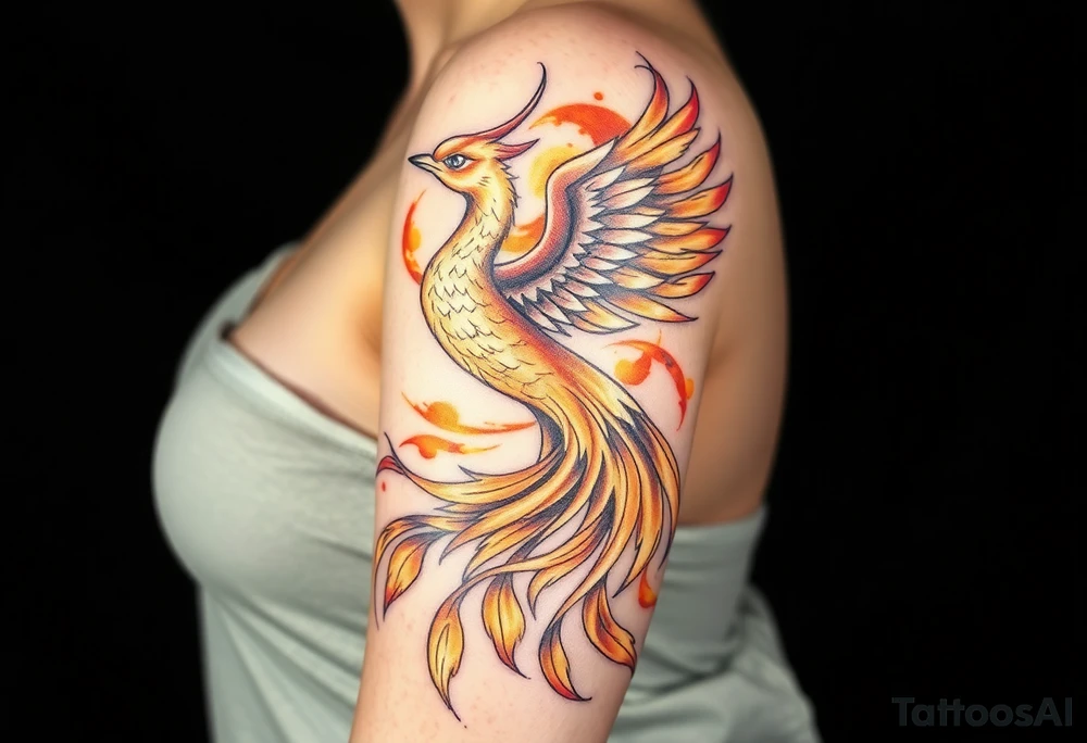 magnificent phoenix rising from golden flames with trailing embers tattoo idea