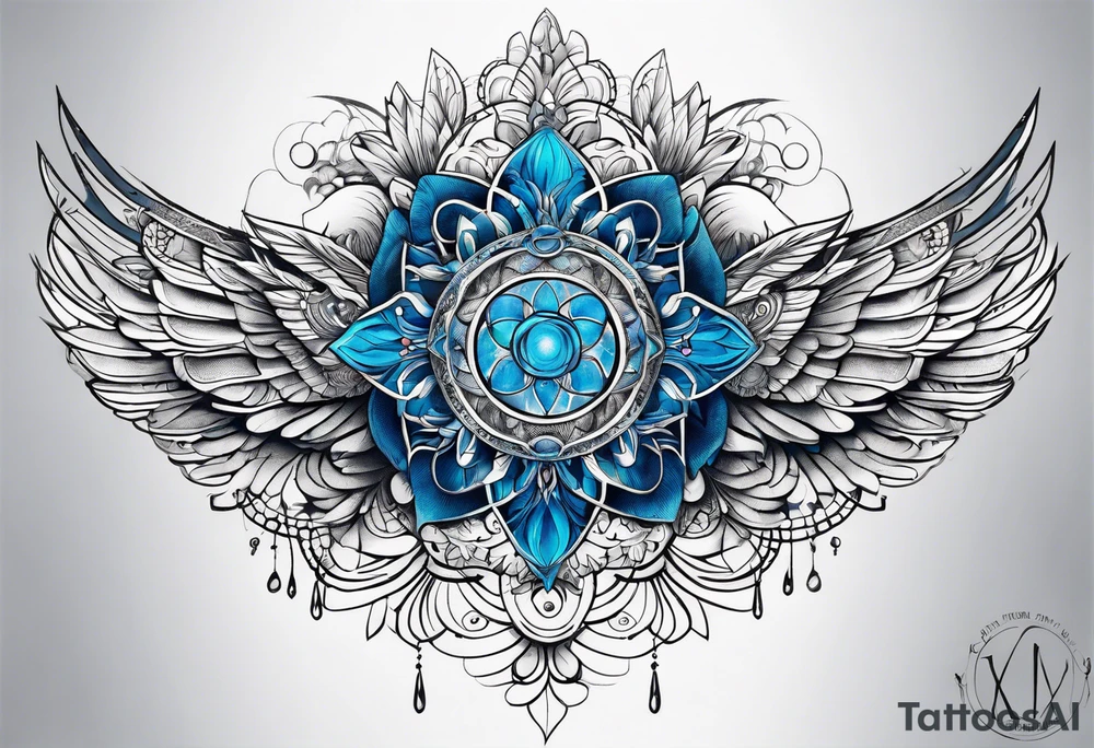 Linear bionic metatron , with abstract floral patern in blue linear design tattoo idea