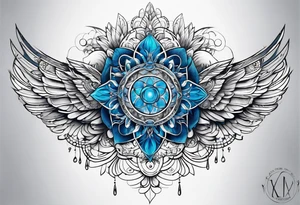 Linear bionic metatron , with abstract floral patern in blue linear design tattoo idea