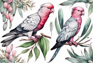 Galahs sitting on wattle and eucalyptus leaves tattoo idea