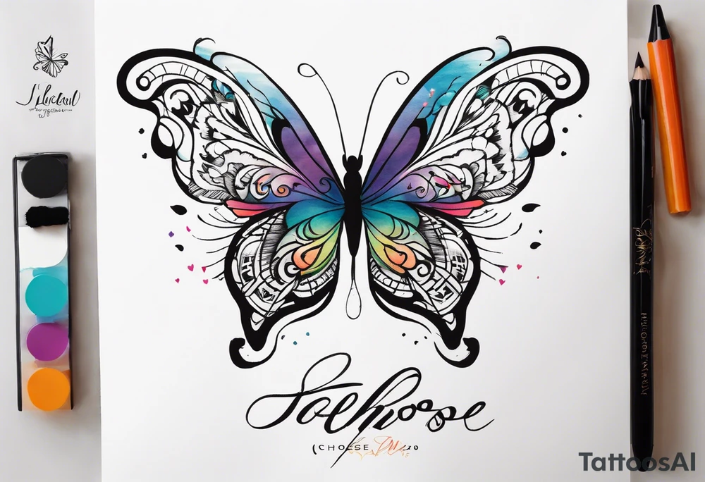 butterfly with one wing black scribbles, the other wing beautiful and colorful, the body has the date 1.9.2023 and the words written "I chose to live." tattoo idea