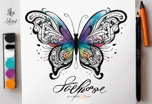 butterfly with one wing black scribbles, the other wing beautiful and colorful, the body has the date 1.9.2023 and the words written "I chose to live." tattoo idea