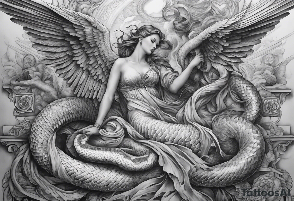 Full back piece depicting angels killing a snake tattoo idea Full back piece depicting angels killing a snake tattoo idea