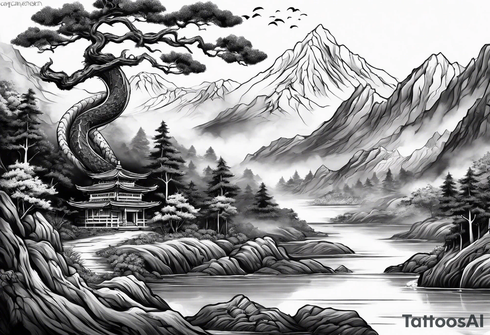 Full arm sleeve, tree going up to shoulder dead tree going down to wrist, wrapped in a serpent moving down with mountain, water, and demon tattoo idea
