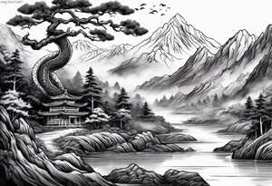 Full arm sleeve, tree going up to shoulder dead tree going down to wrist, wrapped in a serpent moving down with mountain, water, and demon tattoo idea