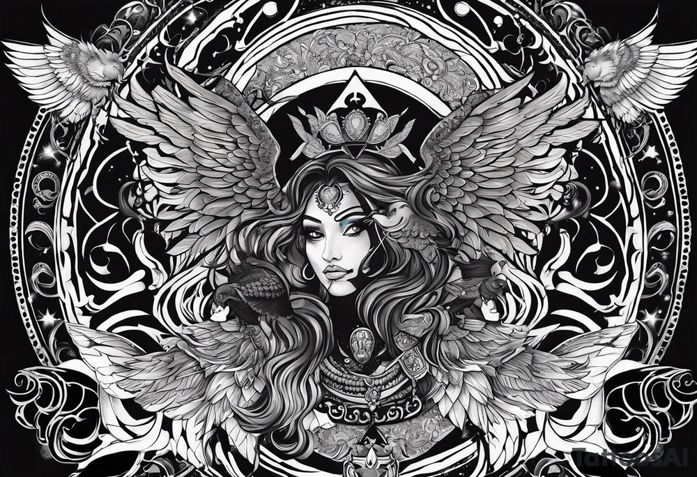 black kali, goddess pirate, alien, angel, pachamama, valkrye, warrior, flying, skull, lotus azul, wing, eagle, zenza resonance, stars, 5D, anahata chakra, death, durga, riding on a tiger, flying lady tattoo idea