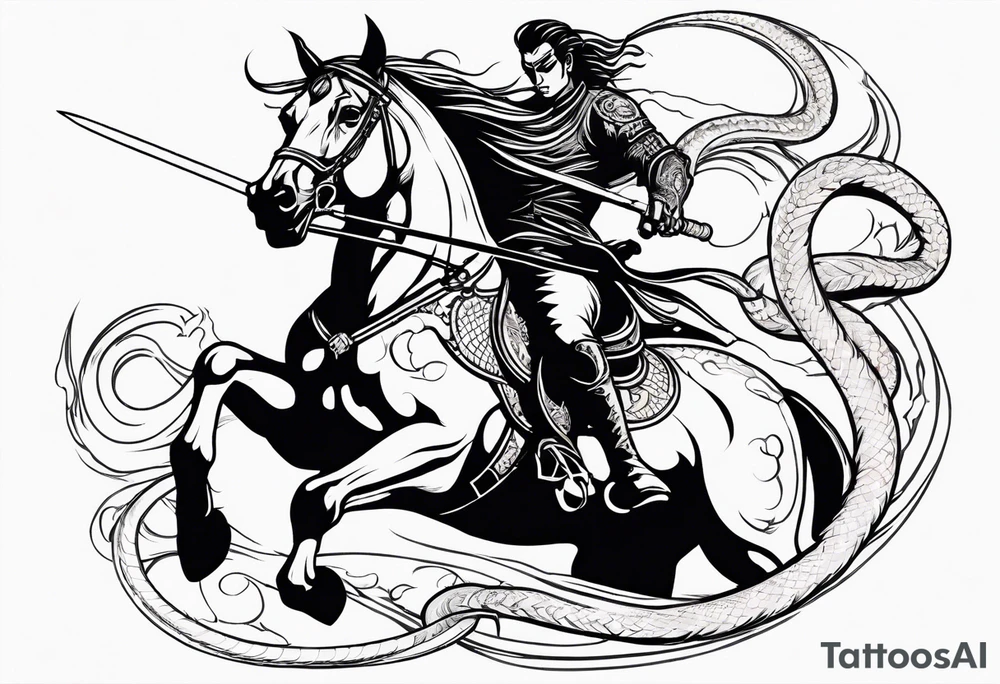 A demon rider on a raging horse with a sword and a snake tattoo idea