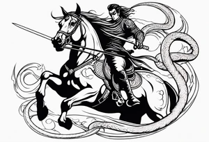 A demon rider on a raging horse with a sword and a snake tattoo idea