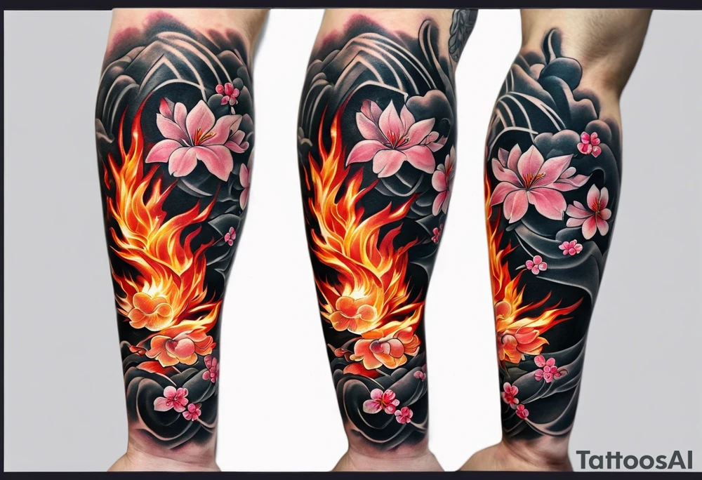 men's tattoo, on all forearms, sakura on one side of the forearm, on the other side of the forearm there is sakura, but on fire tattoo idea