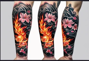 men's tattoo, on all forearms, sakura on one side of the forearm, on the other side of the forearm there is sakura, but on fire tattoo idea