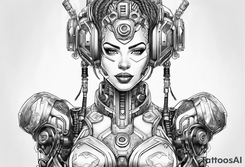 cyborg full body female pinup retro futurism, robot with human parts tattoo idea