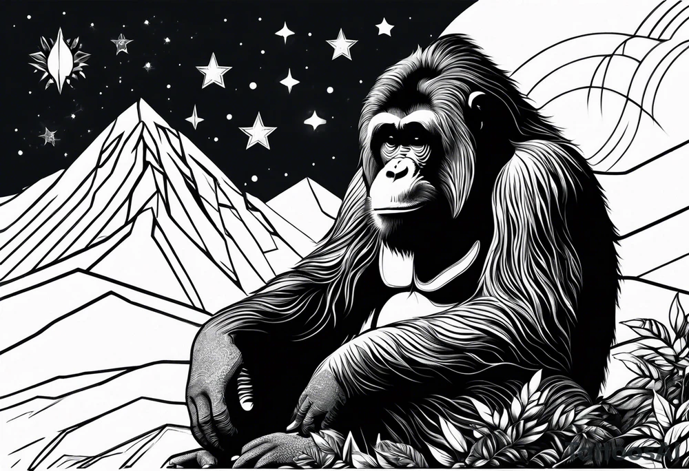 meditating orangutan in the mountains with stars tattoo idea