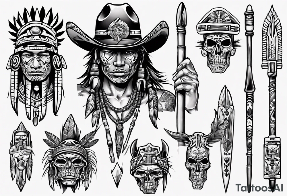 aztec with cowboy hat holding a spear tattoo idea