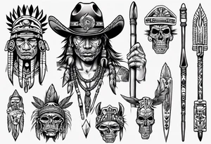 aztec with cowboy hat holding a spear tattoo idea