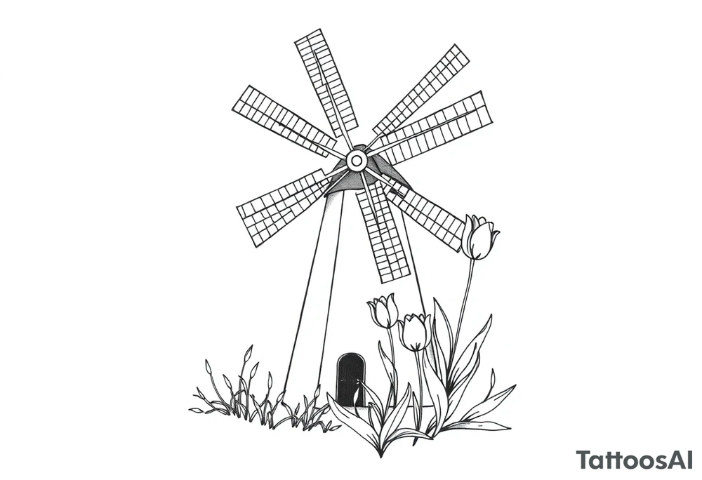 Dutch windmill with tulips tattoo idea