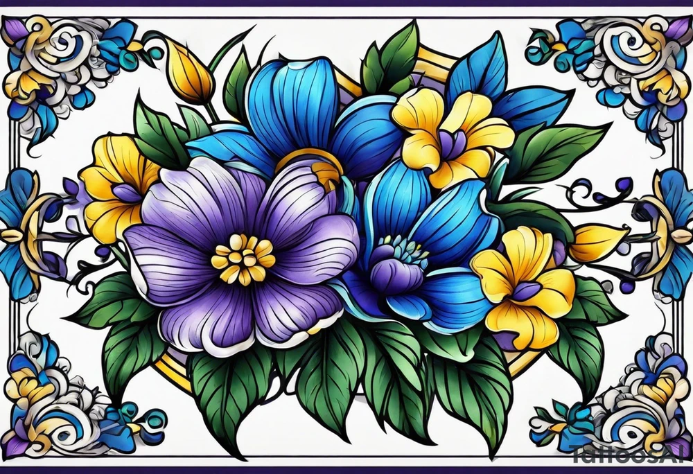 Blue yellow and purple flowers arm sleeve tattoo idea