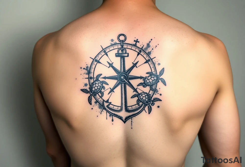 Broken compass with an anchor at the bottom
5 sea turtles swimming through it
Watercolor background tattoo idea