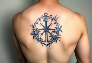 Broken compass with an anchor at the bottom
5 sea turtles swimming through it
Watercolor background tattoo idea