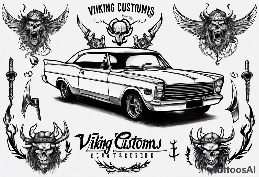 Create a tattoo design of my company called “Viking Customs” i want the name in the tattoo with an old classic vintage car tattoo idea