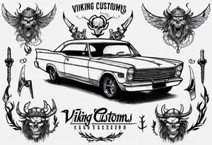 Create a tattoo design of my company called “Viking Customs” i want the name in the tattoo with an old classic vintage car tattoo idea
