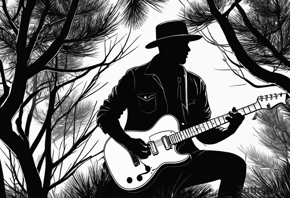 silhouette of a man playing electric guitar while sitting in a pine tree. no hat tattoo idea