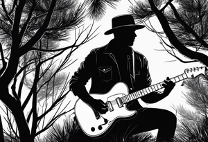 silhouette of a man playing electric guitar while sitting in a pine tree. no hat tattoo idea