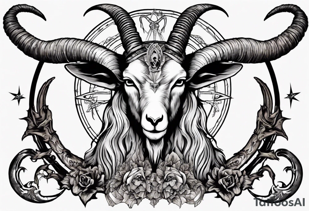 Baphomet full sleeve high contrast human like goat friendly but strong no flowers tattoo idea