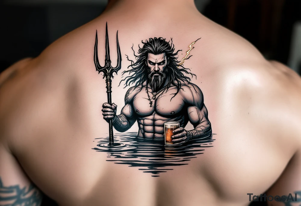 young, fit poseidon in calm water, behind a trident, holding a beer, with lightning tattoo idea