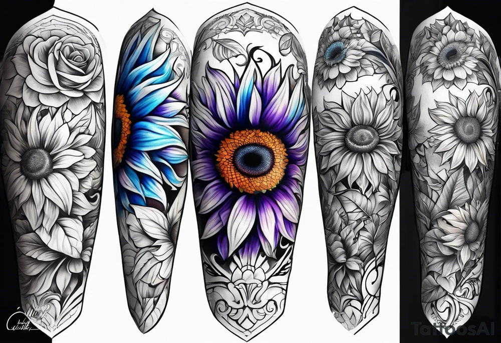 Full leg sleeve with purple, orange and blue sunflowers tattoo idea