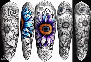 Full leg sleeve with purple, orange and blue sunflowers tattoo idea