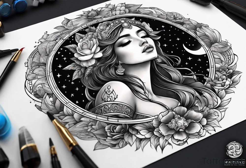 Half moon with beautiful zodiac background tattoo idea