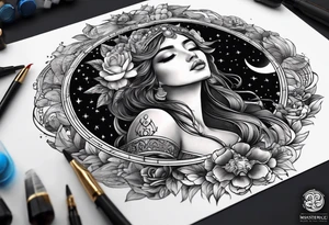 Half moon with beautiful zodiac background tattoo idea