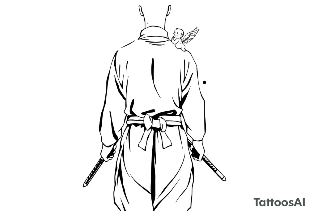 "Blackwork tattoo illustration of a samurai walking away, seen from behind. He wears traditional kimono and hakama with a tied belt, holding two katanas loosely in his hands. A small child angel with detailed feathered wings sits on his shoulder, looking gently toward him. Strong contrast, sumi-e ink splashes, dynamic black brush strokes, minimal background, emotional and symbolic atmosphere, high-detail linework, clean white space." tattoo idea