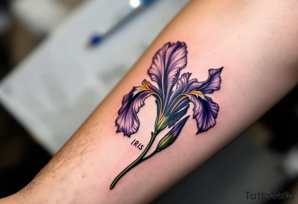 big purple flower with the name “IRIS” written in the stem of the flower in cursive on the outside of the forearm tattoo idea