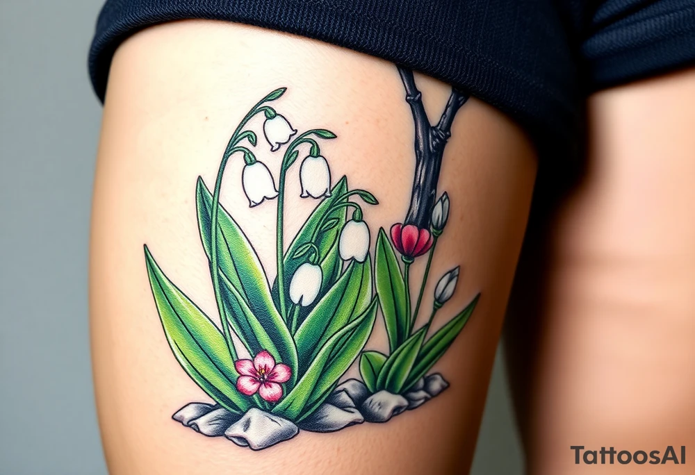 Small White lily in the valley bells growing next to other different colored lilie plants planted 
around  blooming hawthorn tree tattoo idea
