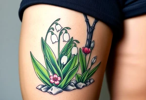 Small White lily in the valley bells growing next to other different colored lilie plants planted 
around  blooming hawthorn tree tattoo idea