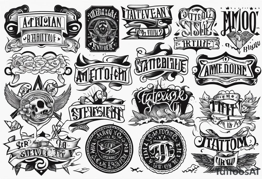 A tattoo flash sheet with different types of American traditional text tattoo idea