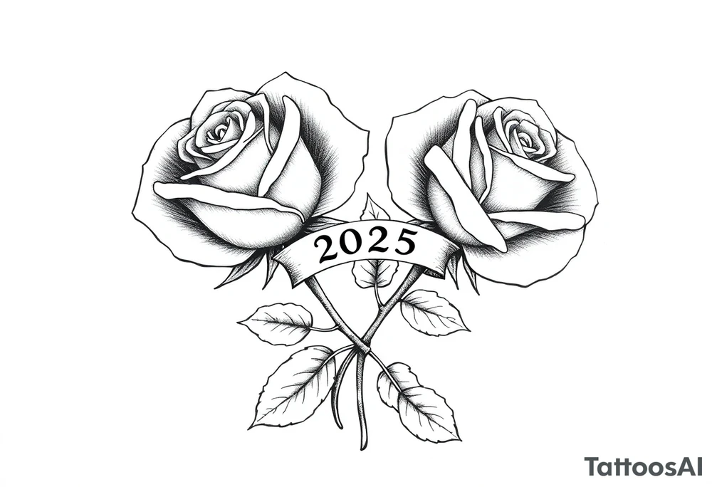 two big beautiful rose buds with leaves and separated by their intertwined cascading stems, with a small banner with the year "2025" on it, tying them together.  Add the following word "Rose" written in Kanji above the drawing. tattoo idea