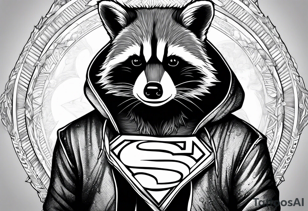 raccoon wearing a Superman hoodie tattoo idea